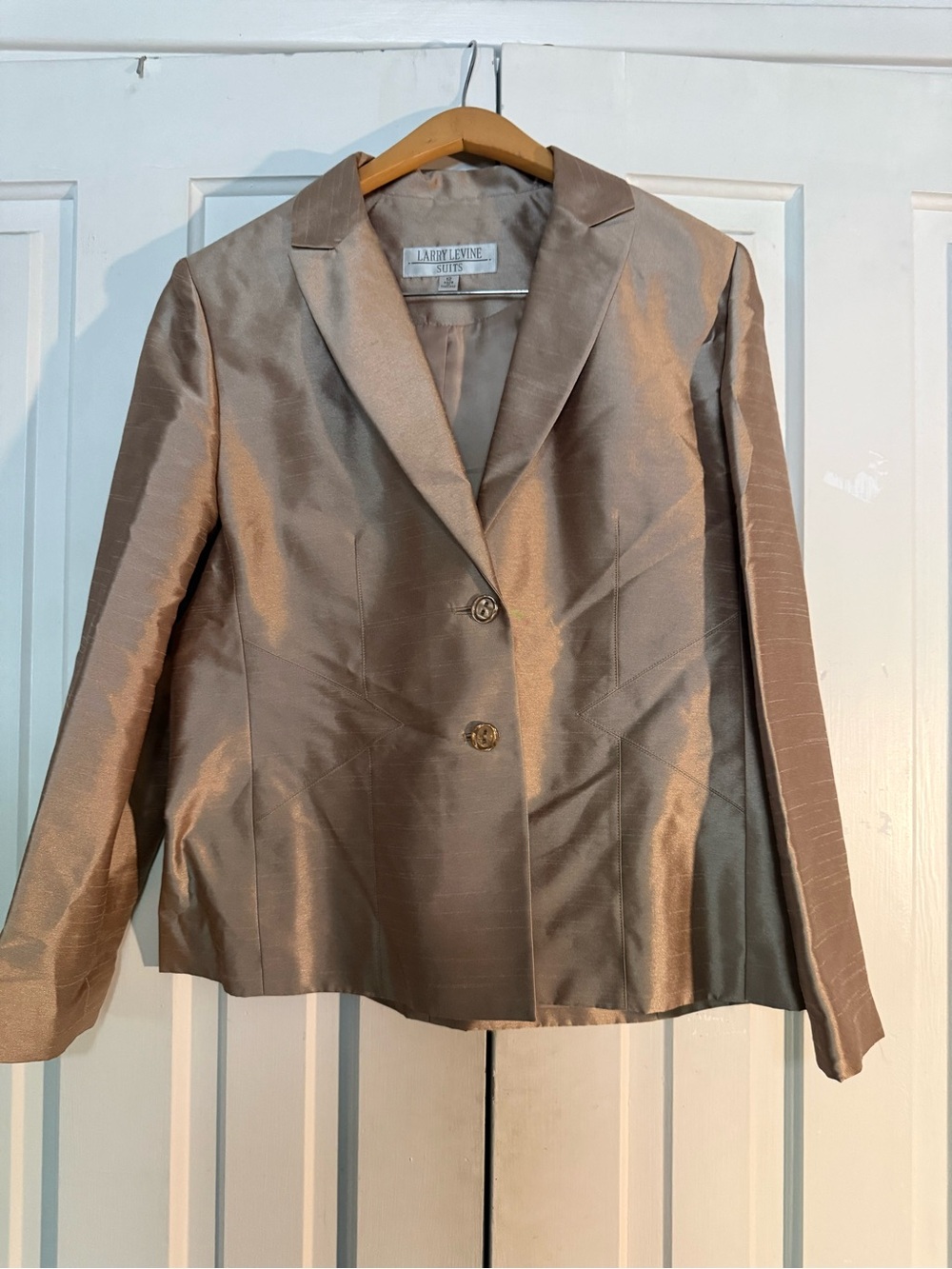 Larry Levine Shimmery Taupe Satin Two-Button Blazer Suit